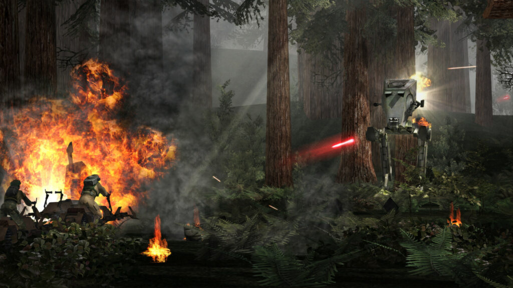 A walker in Star Wars Battlefront fires upon rebel soldiers.