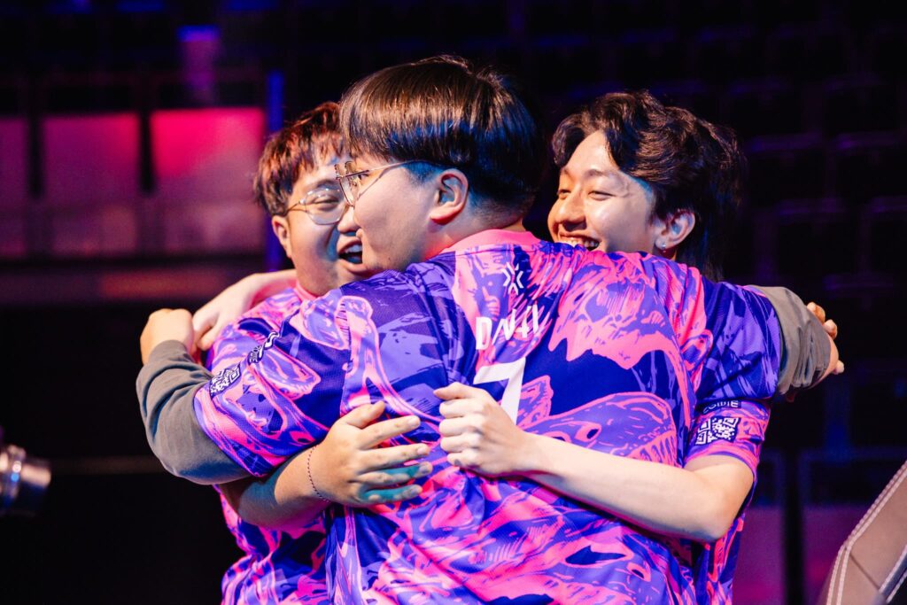 Cahya "Monyet" Nugraha, Khalish "d4v41" Rusyaidee and Jason f0rsakeN Susanto of Paper Rex react onstage after victory against Karmine Corp at VALORANT Masters Madrid Swiss Stage Day 5 at the Madrid Arena on March 18, 2024 in Madrid, Spain.
