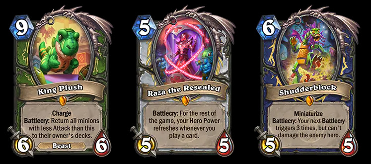 The King Plush, Raza the Resealed, and Shudderblock cards in Hearthstone