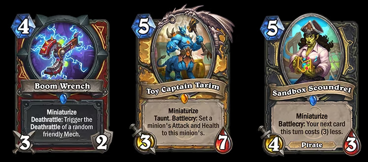 The Boom Wrench, Toy Captain Tarim, and Sandbox Scoundrel cards in Hearthstone