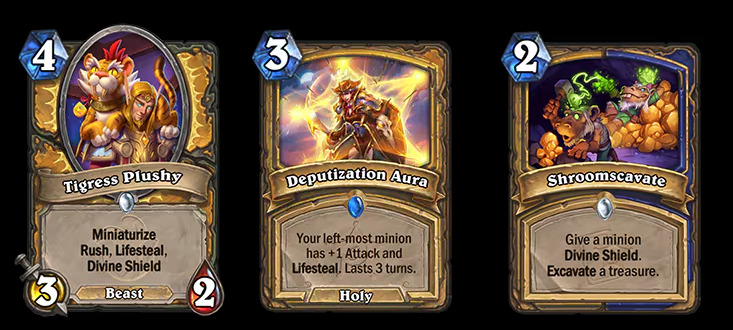 Tigress Plushy, Deputization Aura, and Shroomscavate in Hearthstone
