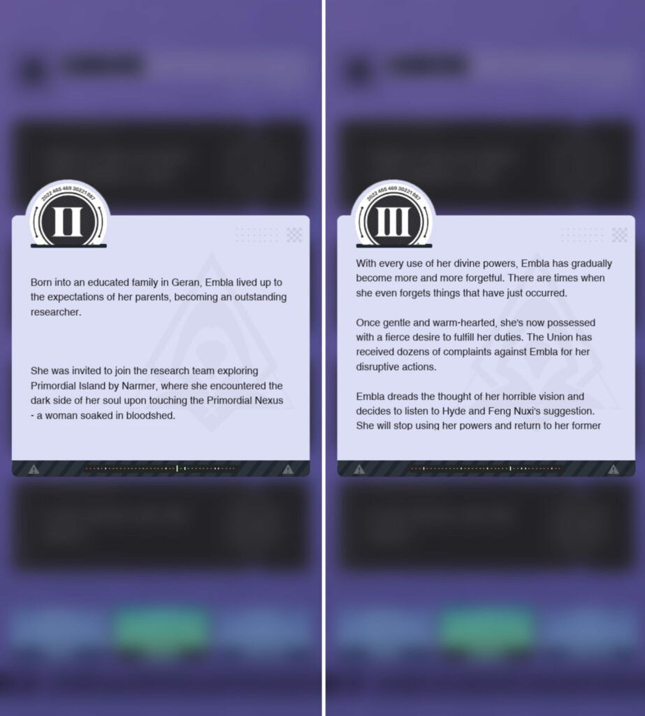 Screenshots featuring Embla's story and lore in 