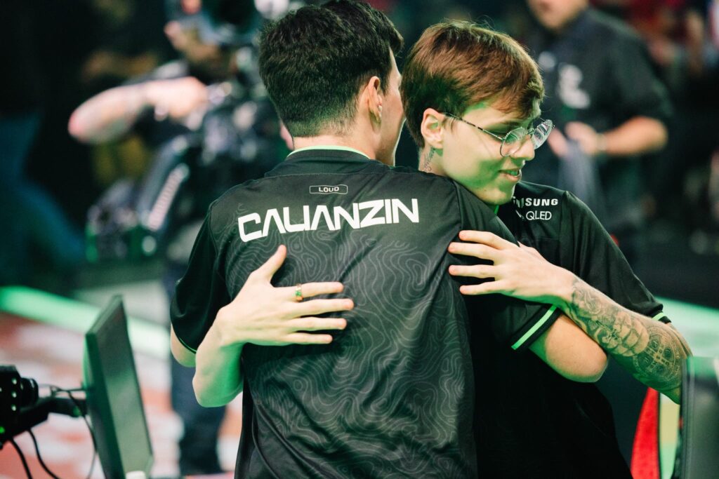 
cauanzin (L) and qck of LOUD competes at VCT Americas Kickoff on Day 2 of Week 3 at Riot Games Arena on March 3, 2024. 