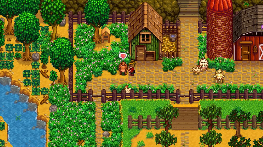 A Stardew Valley character stands on a farm, next to grazing cattle.