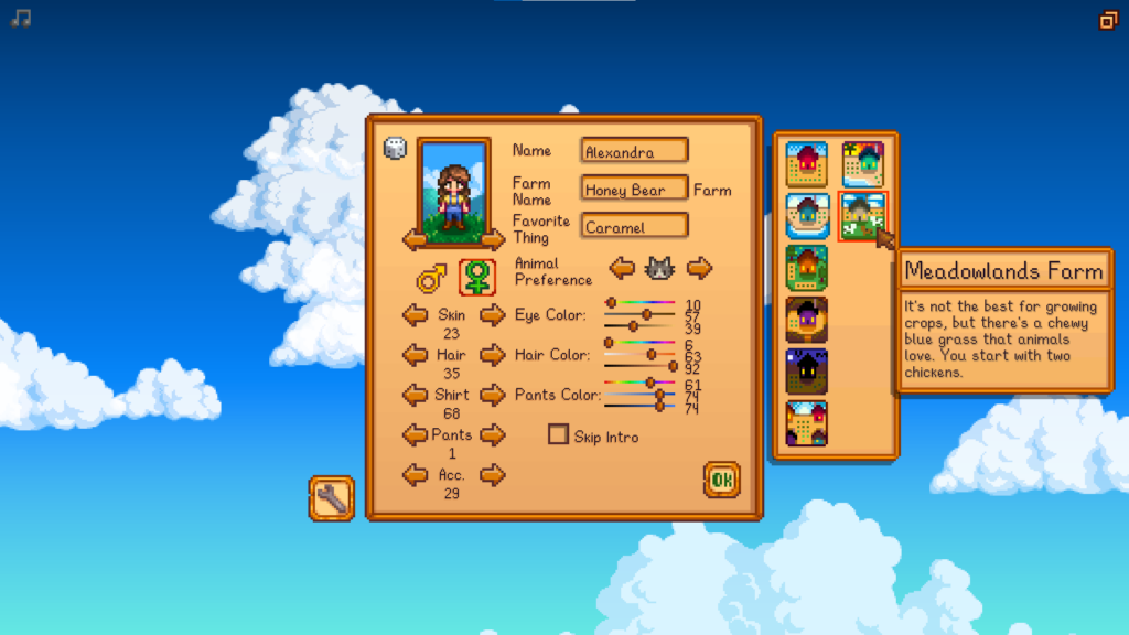 The Meadowlands Farm in the start menu of Stardew Valley