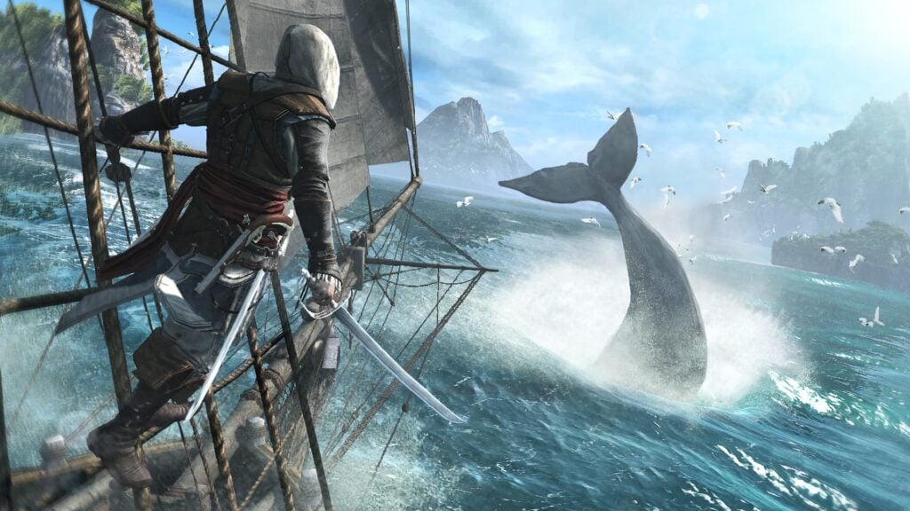 An assassin stares at a whale from his pirate ship in Assassin's Creed IV: Black Flag, a game like Skull and Bones.