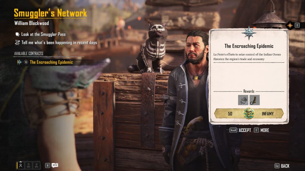 A player views The Encroaching Epidemic contract in Skull and Bones.