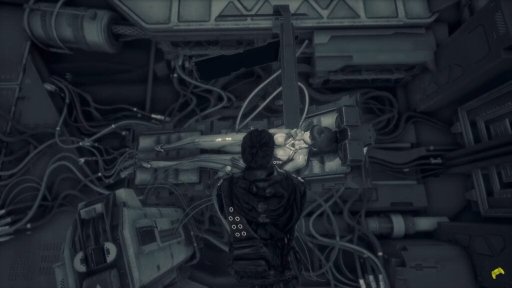 Adam helps heal EVE who is lying on a medical bed in Stellar Blade