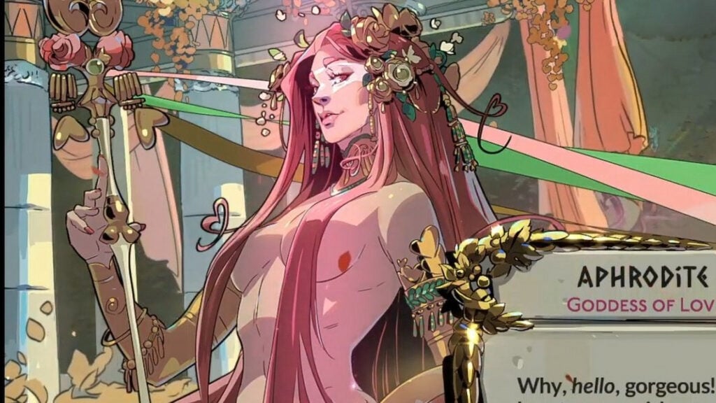 Aphrodite's design in Hades 2. The greek goddess has a long pink hair that goes all the way to her belly.
