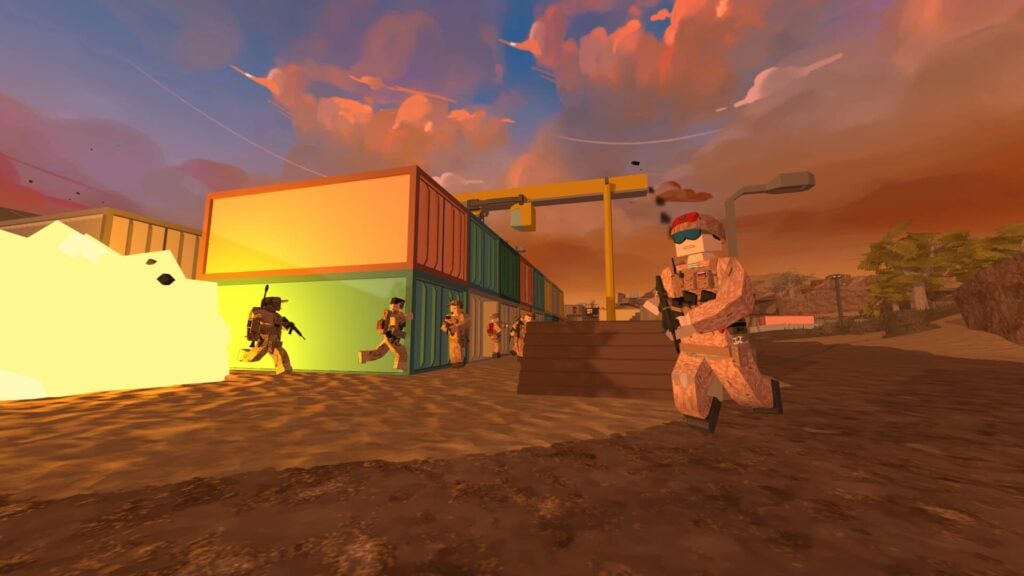 Players surround a shipping container yard in BattleBit Remastered.
