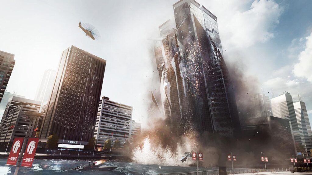 A building begins to collapse in Battlefield 4.