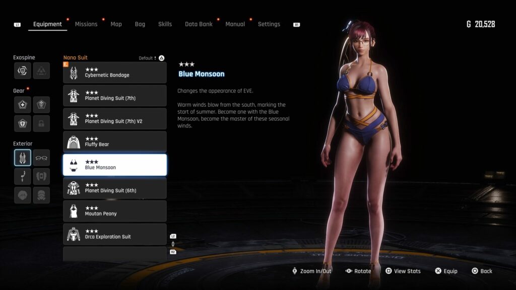 The Blue Monsoon suit in the Equipment menu of Stellar Blade.
