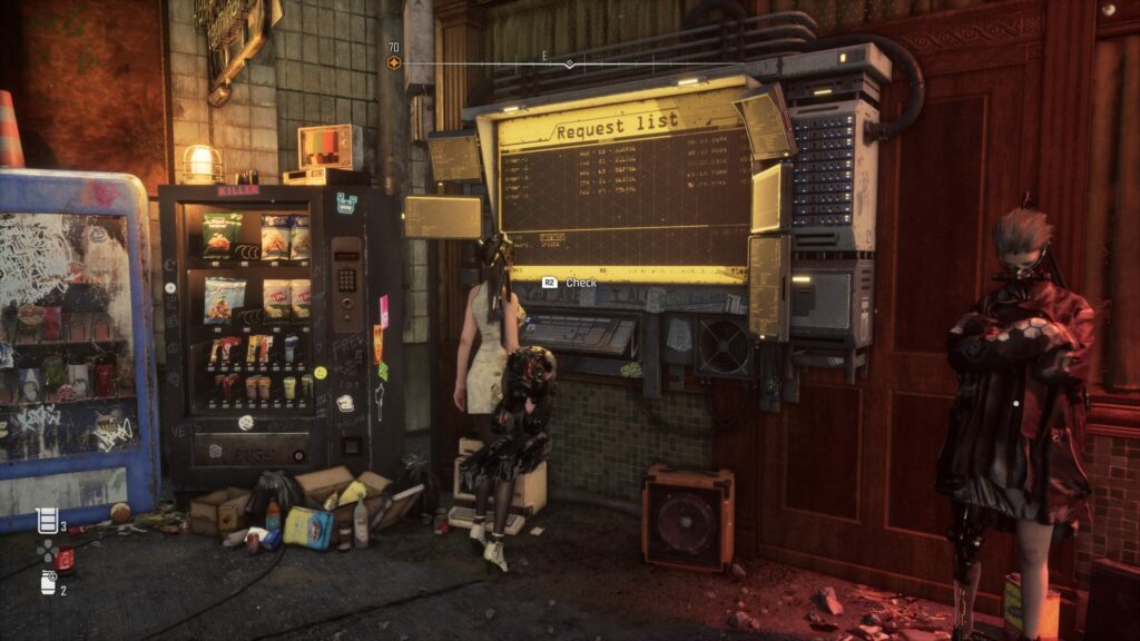 EVE approaches the Bulletin Board in Xion.