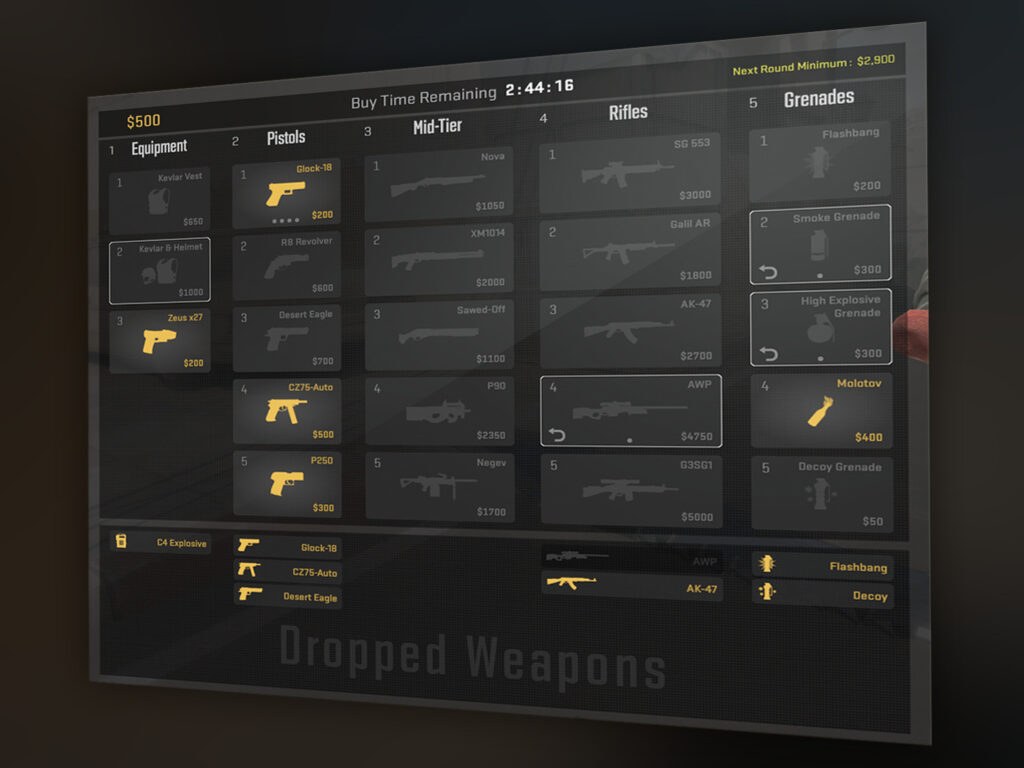 The Buy Menu now shows the Next Round minimum in the top right of the image.