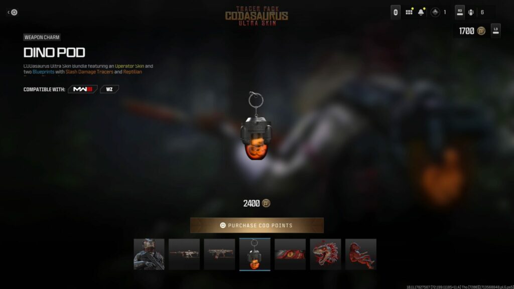 The Dino Pod weapon charm from the CODasaurus Ultra Skin pack..