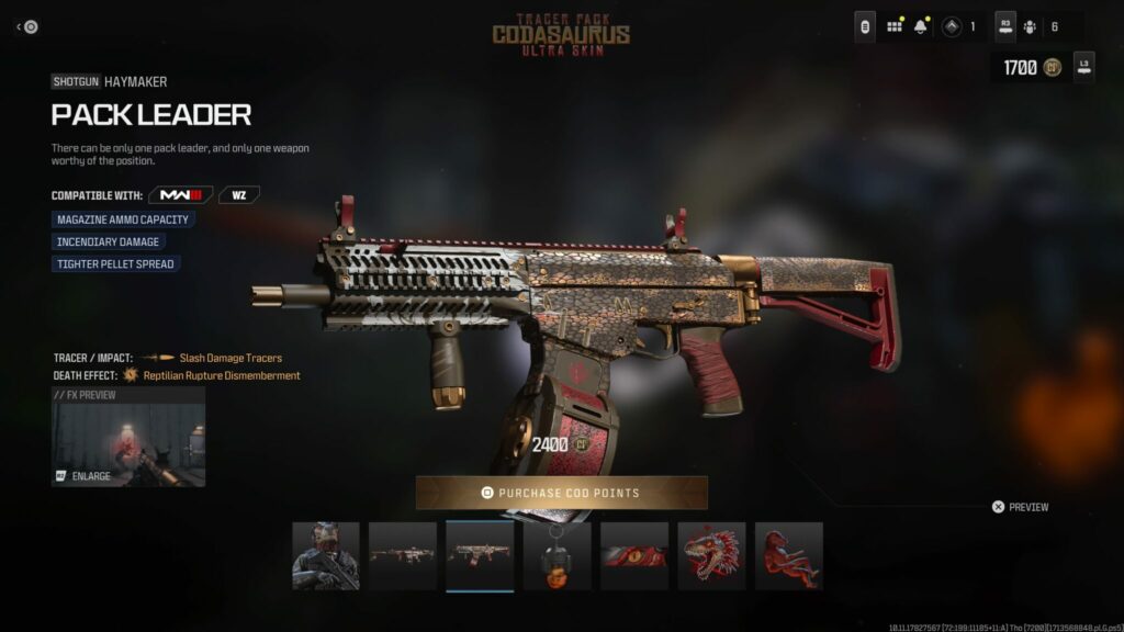 The Pack Leader weapon blueprint from the CODasaurus Ultra Skin pack.