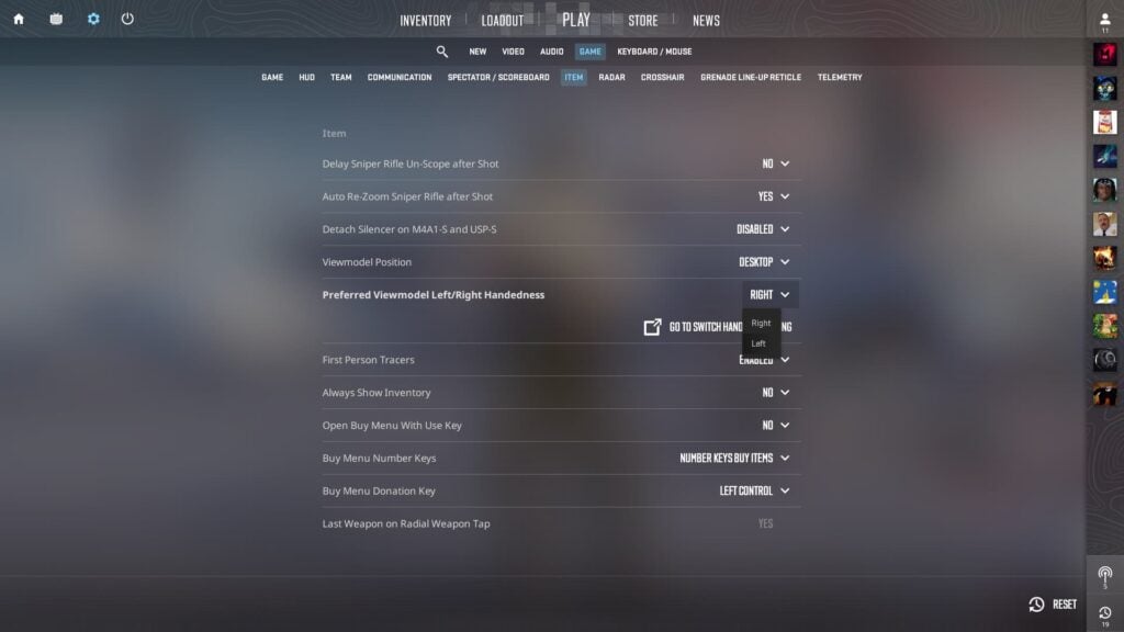The CS2 settings menu with the dropdown for Preferred Viewmodel Left/Right Handedness open showing a Right and Left option.