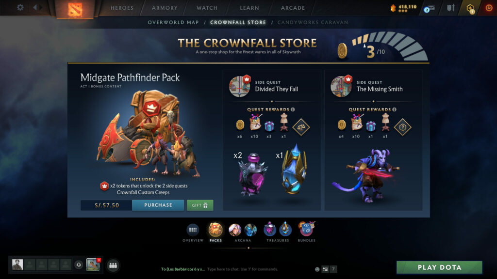 Picture showing the Midgate pathfinder pack, which includes the side quest access for the Dota 2 Crownfall event