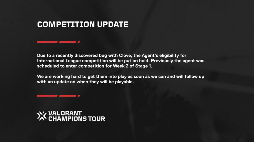 The competition update that a Clove bug prevents them from entering VCT play.