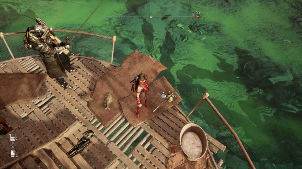 EVE interacts with a fishing pole in Stellar Blade after speaking to Clyde.