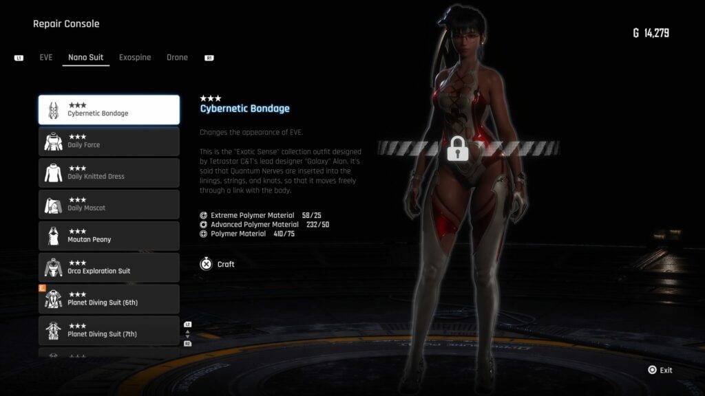 The Cybernetic Bondage suit is available to craft at the Repair Console with enough materials.
