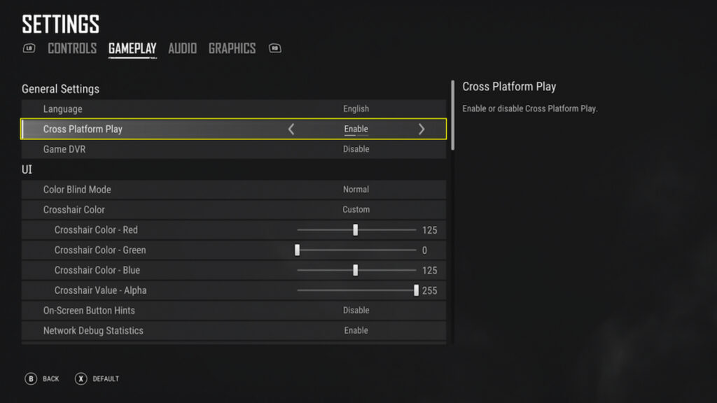The image is a screenshot of PUBG's menu and it is showing that the crossplay setting is enabled.