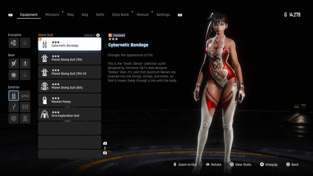 The Cybernetic Bondage suit is equipped from the Equipment menu in Stellar Blade.