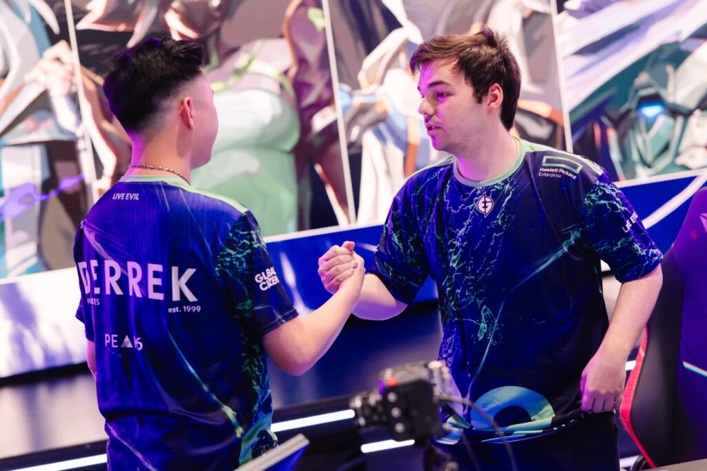 "Derrek" (L) and "NaturE" of Evil Geniuses compete during Week 2 of VCT Americas Stage 1 at the Riot Games Arena on April 15, 2024.