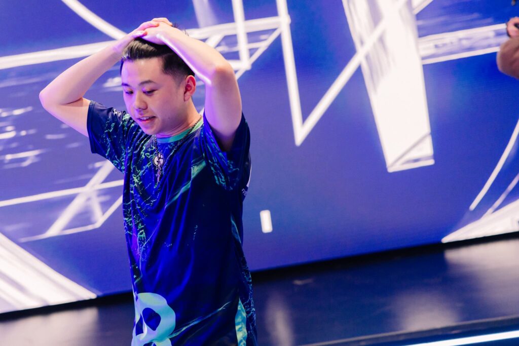 Derrek of Evil Geniuses reacts on stage during Week 3 of VCT Americas Stage 1 at the Riot Games Arena on April 23, 2024. 