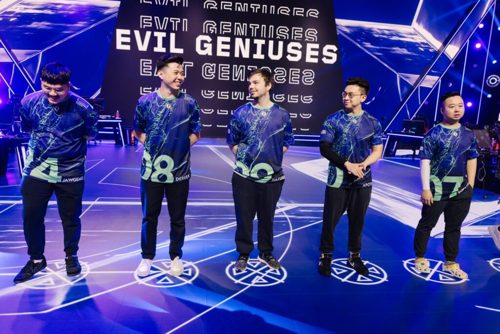Evil Geniuses seen onstage before competing during Week 1 of VCT Americas Stage 1 at the Riot Games Arena on April 7, 2024.