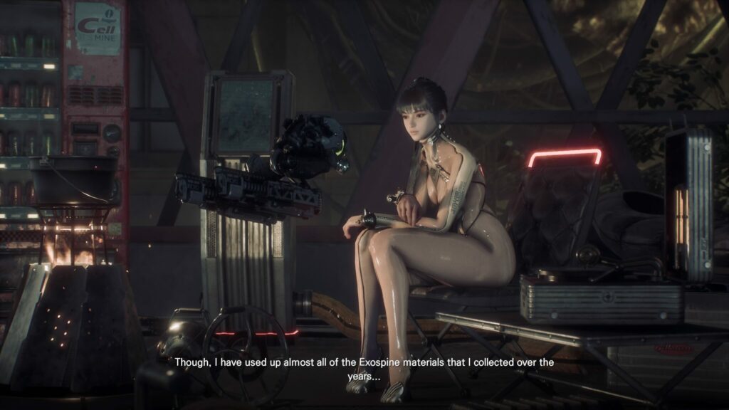 EVE sits down at Rest Point in Stellar Blade wearing her Skin Suit outfit