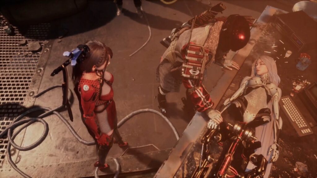 EVE looks at an injured woman with a significant number of mechanical parts in Stellar Blade