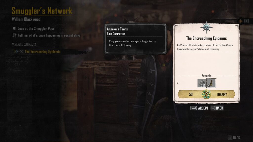 The rewards for The Encroaching Epidemic contract in Skull and Bones, showing 250 Silver and Anpaka's Tears. 