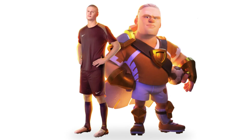 Screenshot of Erling Haaland standing back-to-back with his Clash of Clans Barbarian King skin.