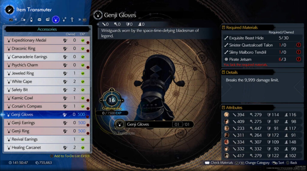 FF7 Rebirth - Genji Gloves recipe (Image by esports.gg)