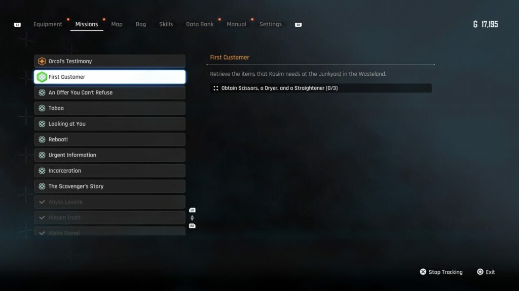 The First Customer mission marked and tracked in the Missions tab.