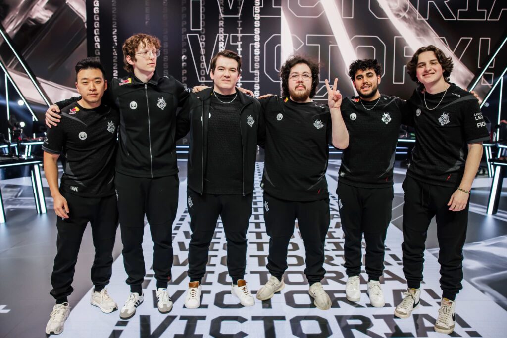 G2 Esports, who plays 100 Thieves during Week 2, seen onstage after victory during Week 1 of VCT Americas Stage 1 at the Riot Games Arena on April 7, 2024.