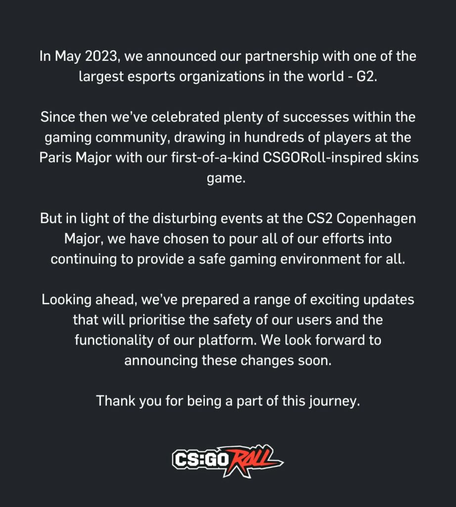 CSGORoll ends G2 sponsorship statement