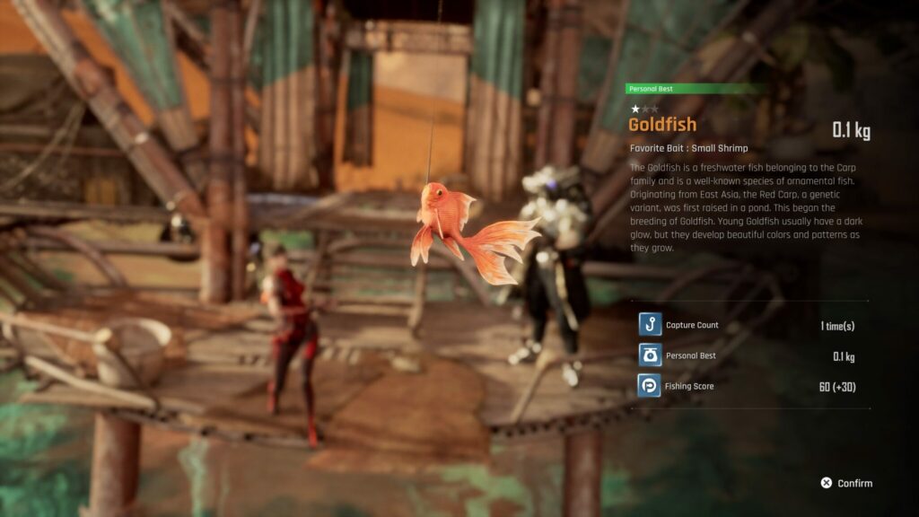 EVE has caught a Goldfish while fishing in Stellar Blade.