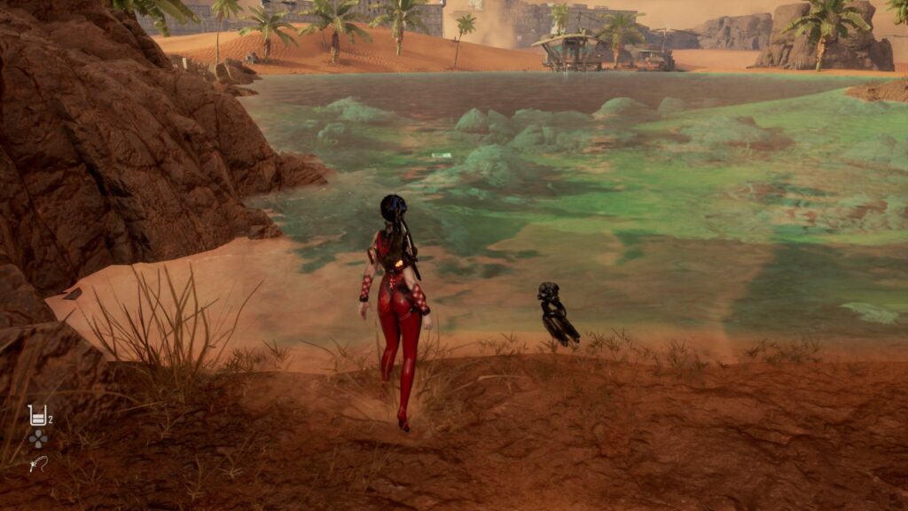 EVE approaches the edge of the water, with the chest in sight.