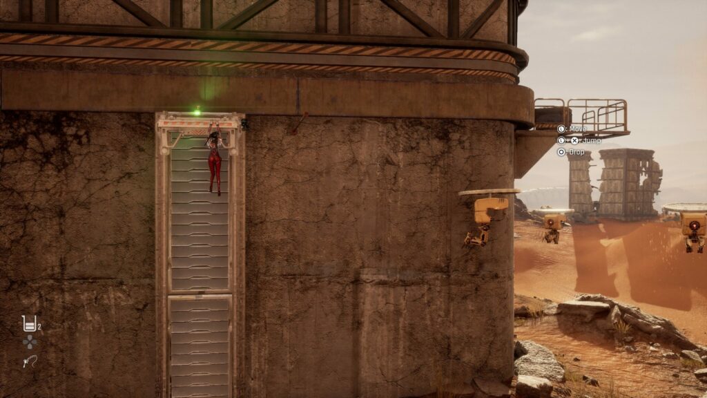 EVE hangs onto the moving ledge as the light above turns green.