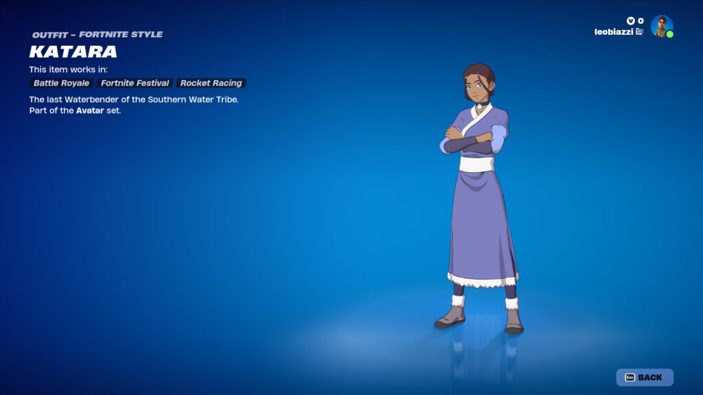 Katara, a female character of TV show Avatar: The Last Airbender, displayed in Fortnite.