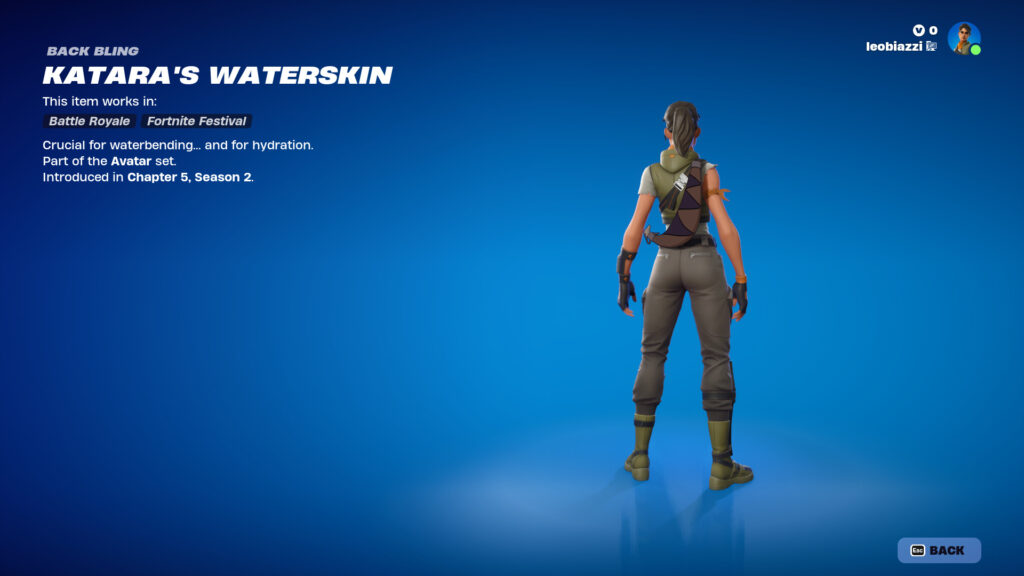 Katara's waterskin as a Fortnite cosmetic.