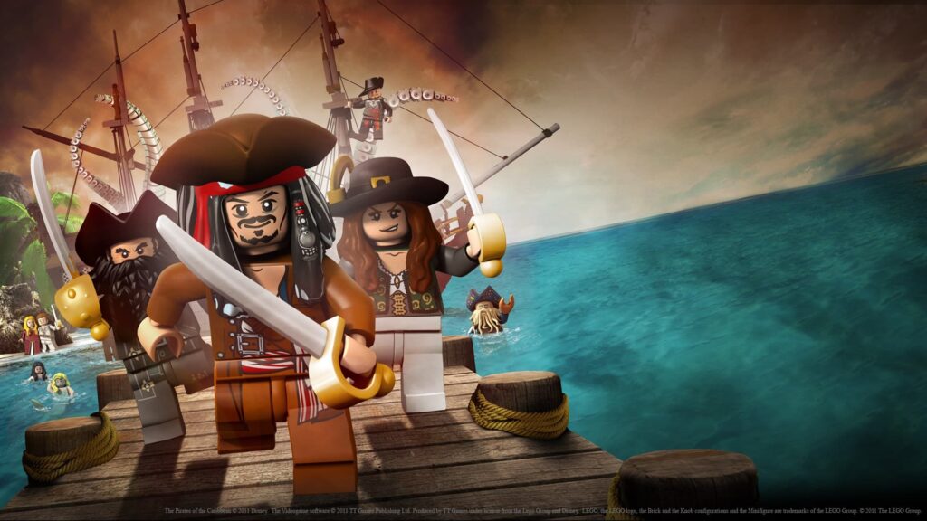 Jack Sparrow leads a group of Lego Pirates on a dock in Lego Pirates of the Caribbean.