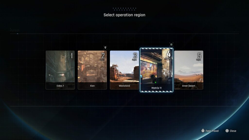 Matrix 11 is selected as the region to fast travel to.