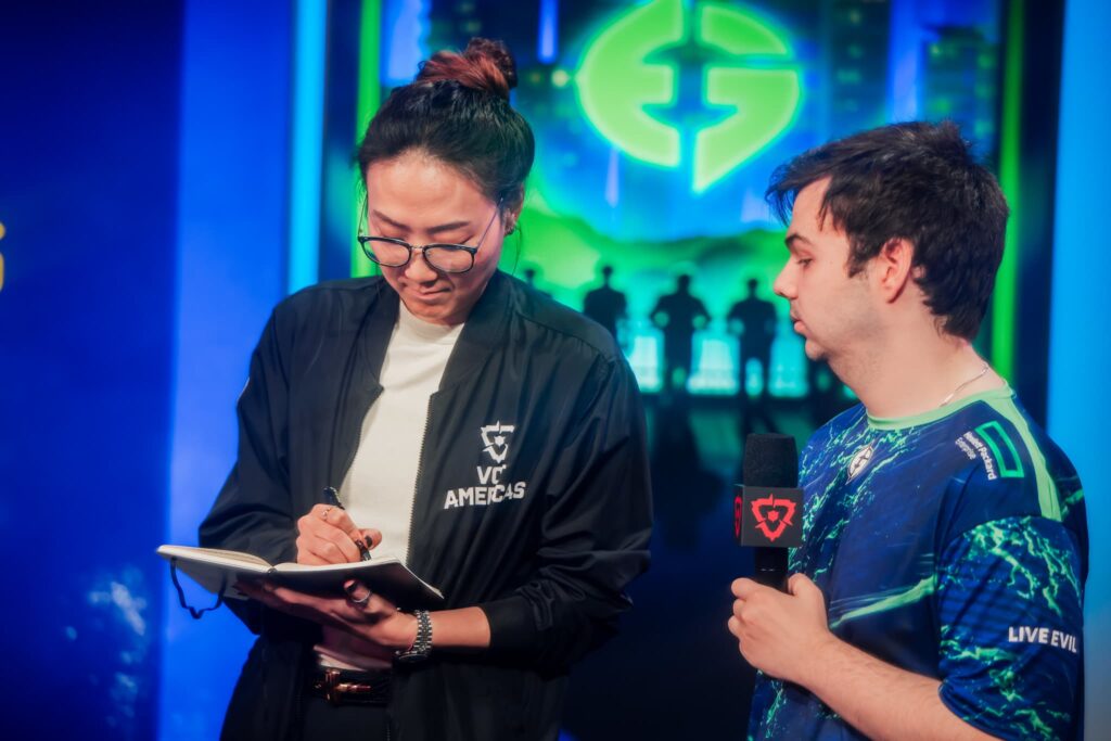 Coach "potter" (L) and NaturE of Evil Geniuses at Map Select during Week 2 of VCT Americas Stage 1 at the Riot Games Arena on April 15, 2024.