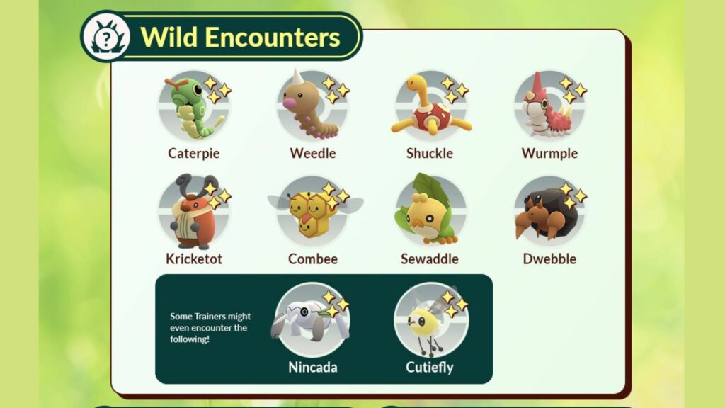 The Bug Out event will allow you to encounter these wild Pokémon