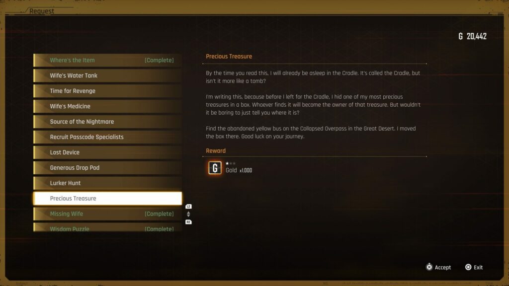 The Precious Treasure request is listed on the Stellar Blade Bulletin Board.