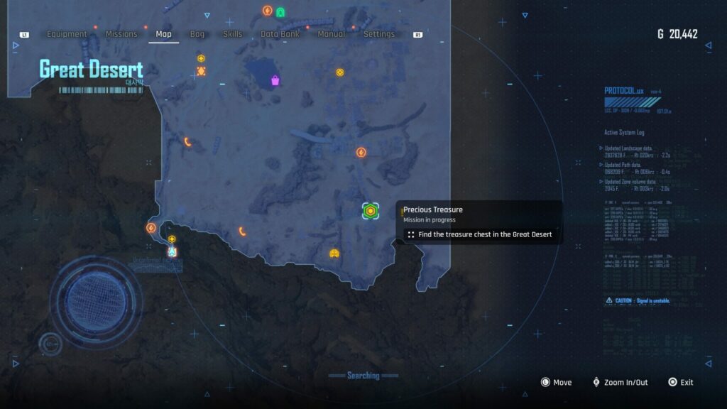 The mission marker for Precious Treasure on the map of the Great Desert.