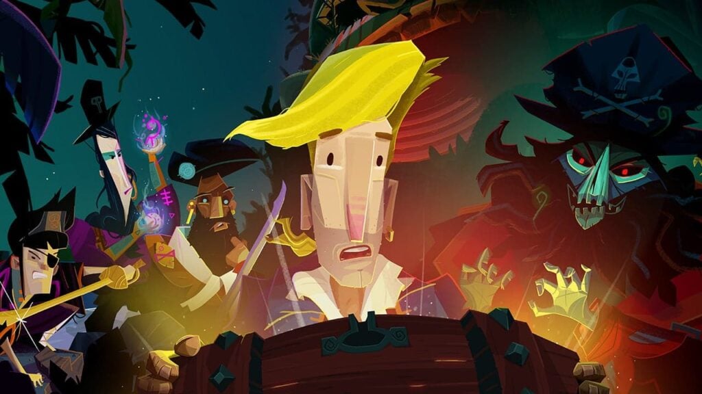 Guybrush Threepwood opens a treasure chest as other characters hang behind him in Return to Monkey Island.